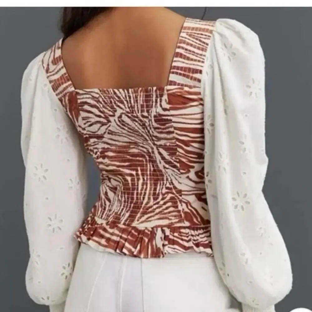 Anthropologie Love The Label Puff Sleeve Eyelet Smocked Top XS Boho Cottage